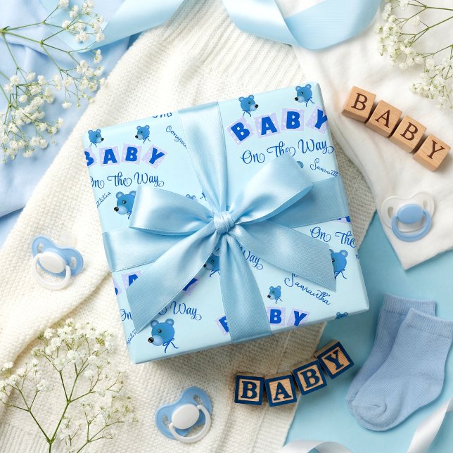Teddy Bear With Blue Text Baby Shower Geschenkpapier (It's cute, it's fun and not traditional. Mom's name & one word message for you to customize)