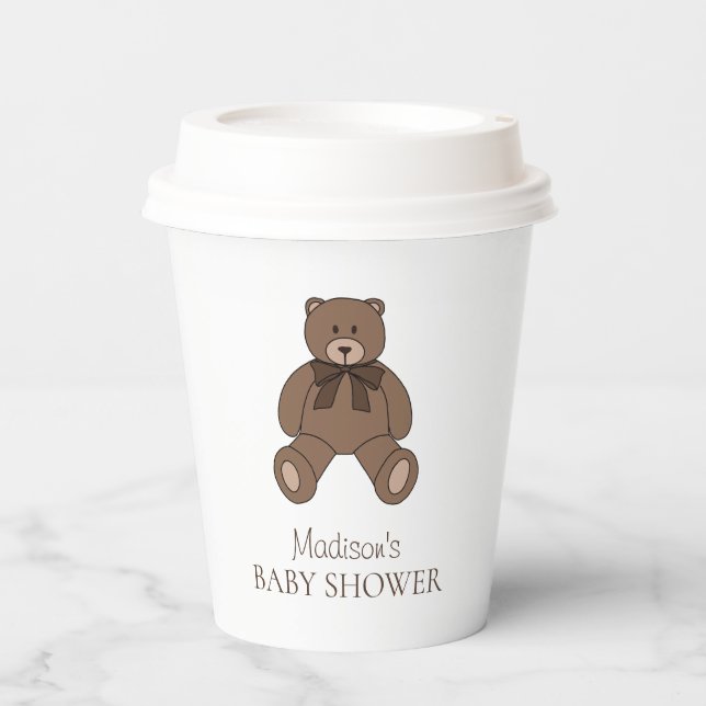 Teddy Bear with Bow Name Brown Baby Shower Pappbecher (Vorderseite)