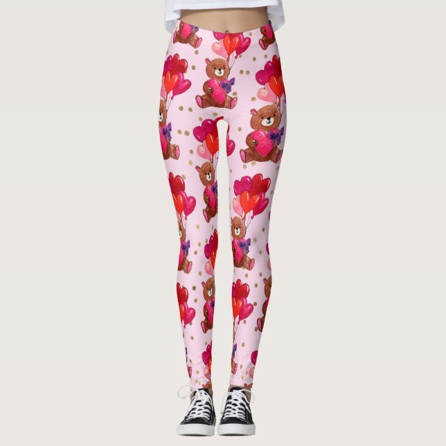 Teddy Bear With Heart Balloons Pattern Leggings (Vorderseite)