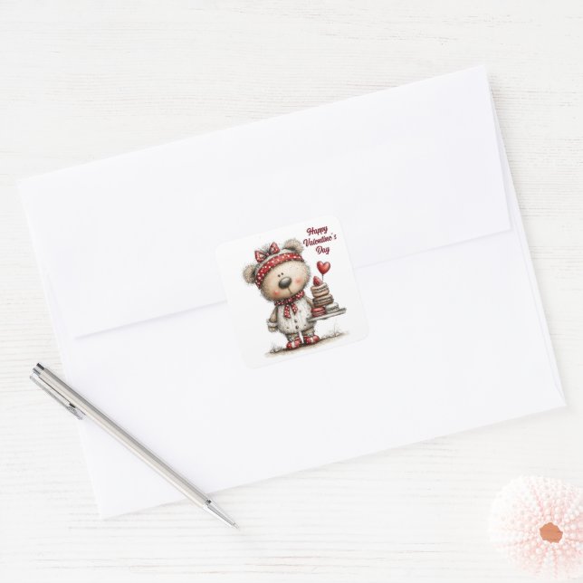Teddy Bear with Heart Desserts Envelope Seals Quadratischer Aufkleber (Umschlag)