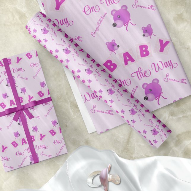 Teddy Bear With Pink Purple Text Baby Shower Geschenkpapier (Customizable pink baby bear wrapping paper for that baby shower. It's cute and its different.)