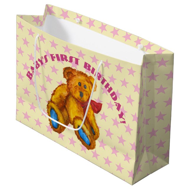 Teddy Bear With Pink Stars Große Geschenktüte (Vorderseite Schrägansicht)