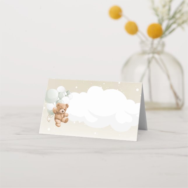 Teddy Bear with Sage Balloons  Place Cards Platzkarte (Vorderseite)