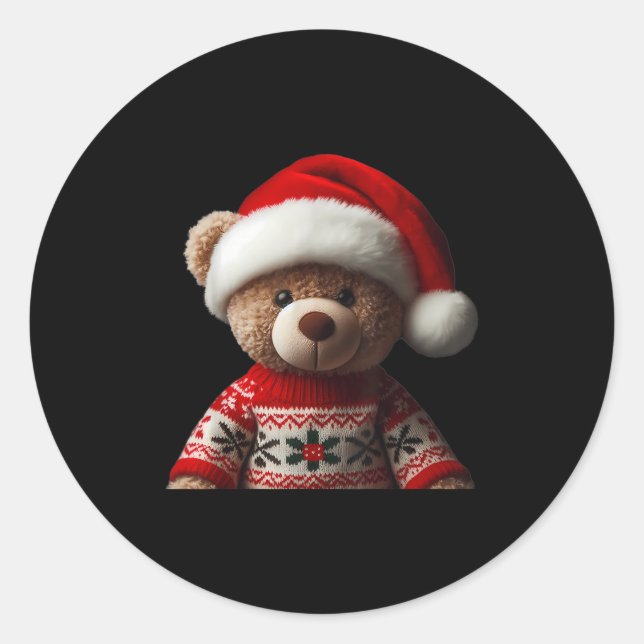 Teddy Bear With Santa Hat Christmas Xmas Lover Kid Runder Aufkleber (Vorderseite)