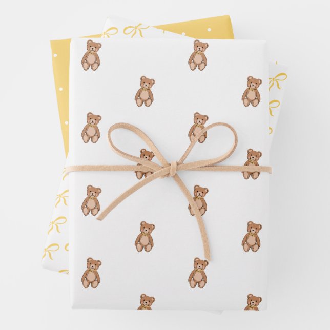 Teddy Bear Yellow Bow Baby Dusche Geschenkpapier Set (Beispiel)