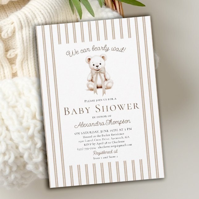 Teddy Bearly Wait Neutral Tan Stripes Baby Shower Einladung (bearly wait baby shower invitation traditional classic nursery stripes teddy bear bow watercolor)