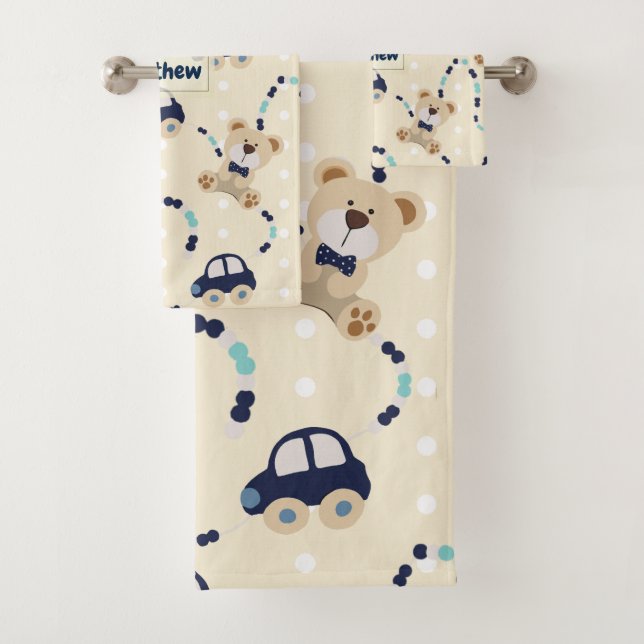 Teddy Bears and Cars Baby Boy Pattern Badhandtuch Set (Insitu)