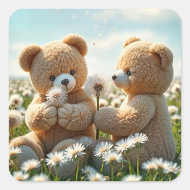 Teddy Bears auf einem Sommerfeld Quadratischer Aufkleber (Vorderseite)