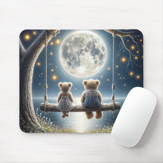 Teddy Bears auf einer Schaukel im Mondlicht Mousepad (Mit Mouse)