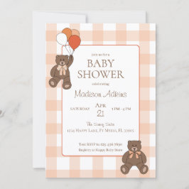 Teddy Bears Baby Shower Balloons Bows Orange Plaid Einladung