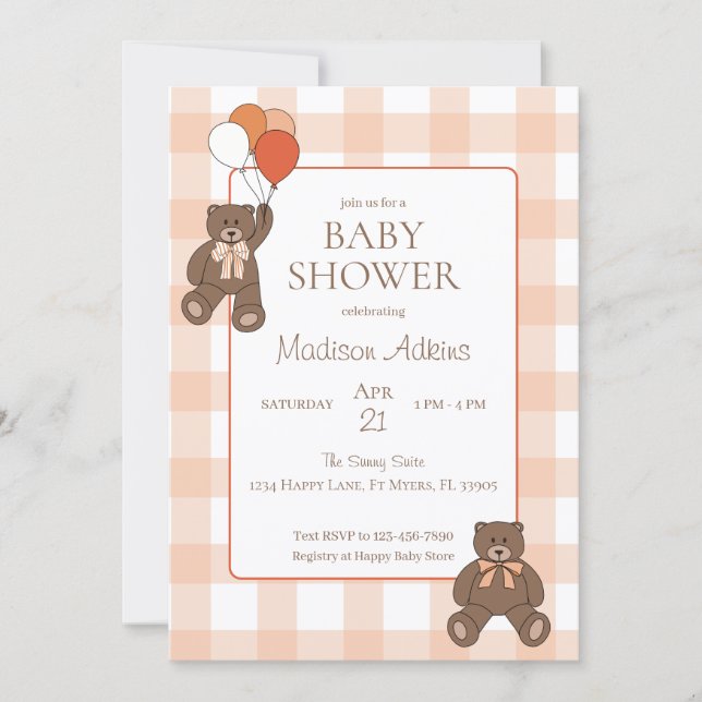 Teddy Bears Baby Shower Balloons Bows Orange Plaid Einladung (Vorderseite)