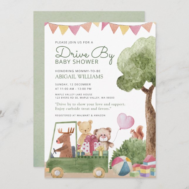 Teddy Bears Baby Shower mit Drive-By Woodland Einladung (Vorne/Hinten)
