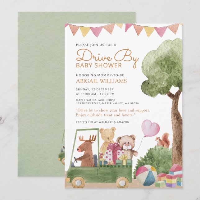 Teddy Bears Baby Shower mit Drive-By Woodland Einladung (Vorne/Hinten)