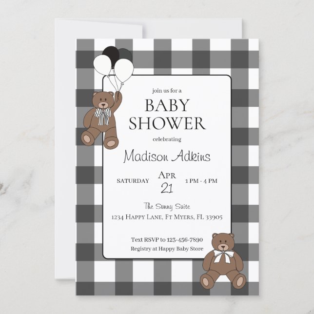 Teddy Bears Black Buffalo Check Baby Shower Einladung (Vorderseite)