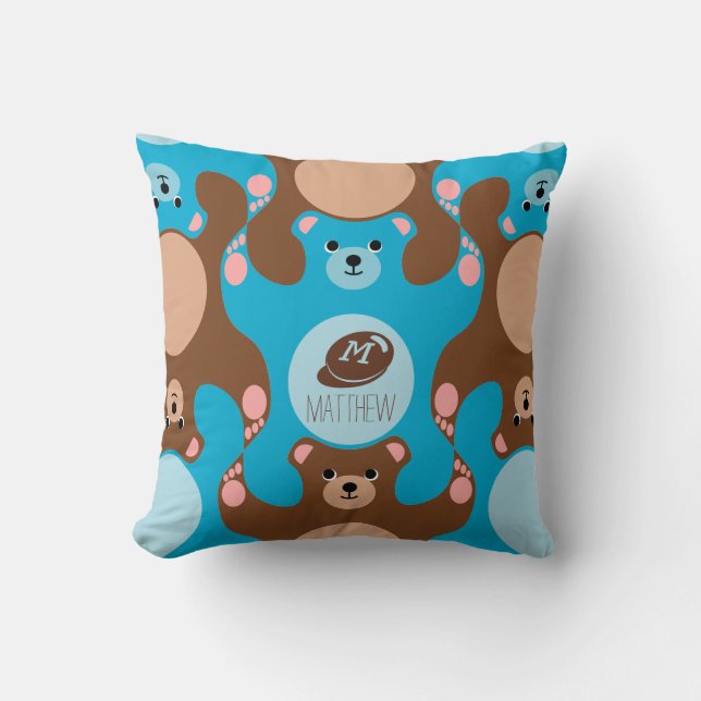 Teddy Bears Blue Braune Monogram Kid Square Pillow Kissen (Vorderseite)