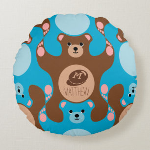 Teddy Bears Braunblau Monogram Kid Round Pillow Rundes Kissen