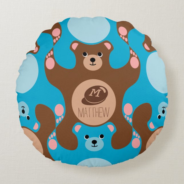 Teddy Bears Braunblau Monogram Kid Round Pillow Rundes Kissen (Vorderseite)