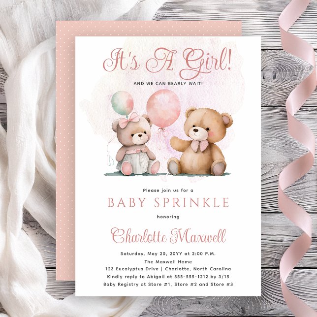 Teddy Bears Es ist ein Girl Bearly Wait Baby Sprin Einladung (Teddy Bears It's A Girl Bearly Wait Baby Sprinkle Shower Invitation -- Print | Digital Download)