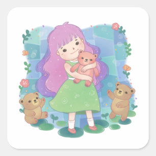 Teddy Bears & Girl Illustration Quadratischer Aufkleber
