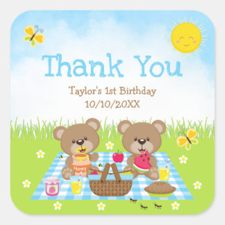 Teddy Bears Picnic Birthday Blue Gingham Vielen Da Quadratischer Aufkleber