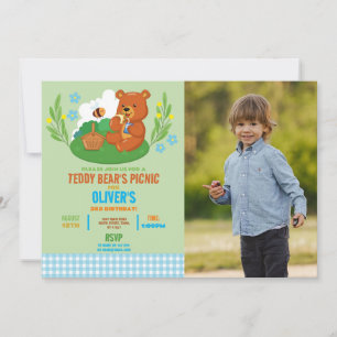 Teddy Bear's Picnic Birthday Foto Park Blue Einladung