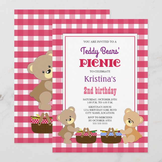 Teddy Bears' Picnic Birthday Party Einladung (Vorne/Hinten)