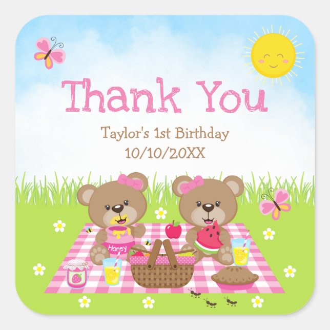 Teddy Bears Picnic Birthday Pink Gingham Vielen Da Quadratischer Aufkleber (Vorderseite)