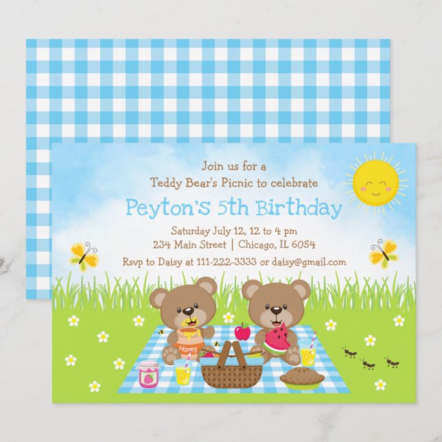 Teddy Bear's Picnic Blue Gingham Birthday Einladung (Vorne/Hinten)