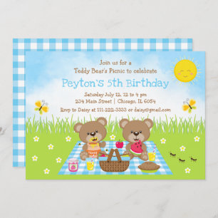 Teddy Bear's Picnic Blue Gingham Birthday Einladung