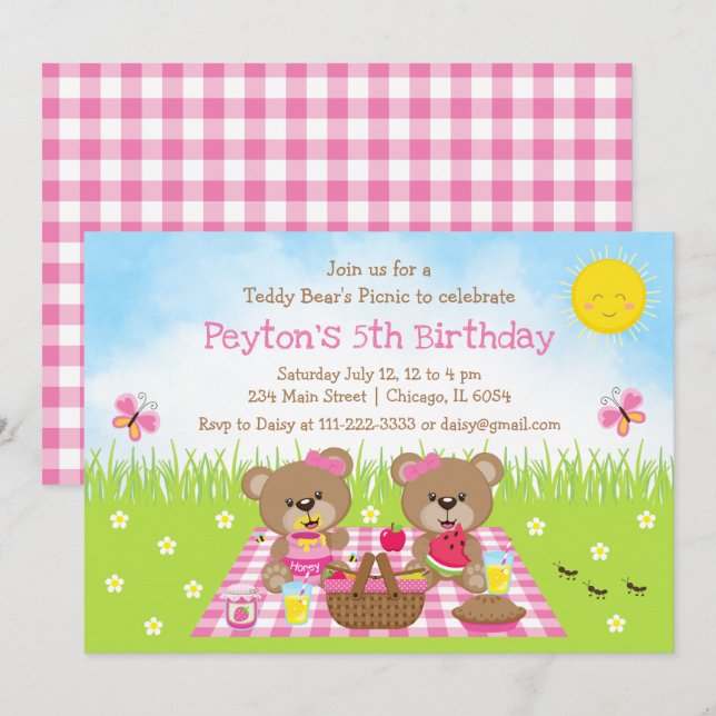 Teddy Bear's Picnic Pink Gingham Birthday Einladung (Vorne/Hinten)
