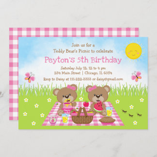 Teddy Bear's Picnic Pink Gingham Birthday Einladung