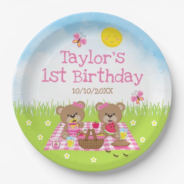 Teddy Bears Picnic Pink Gingham Birthday Party Pappteller (Vorderseite)