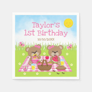 Teddy Bears Picnic Pink Gingham Birthday Party Serviette