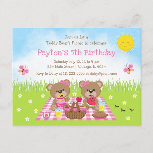 Teddy Bear's Picnic Pink Gingham Birthday Postkarte (Vorderseite)