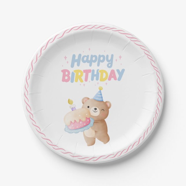 Teddy Bear's Pink Pastel Happy Birthday Party Pappteller (Vorderseite)