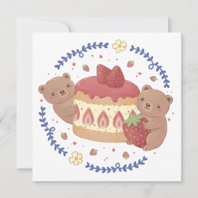Teddy Bears & Strawberry Cake Illustration Einladung (Vorderseite)