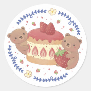 Teddy Bears & Strawberry Cake Illustration Runder Aufkleber
