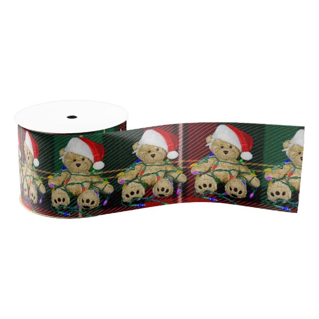 Teddy Bears Tangled In Christmas Lights On Plaid Ripsband (Spule)