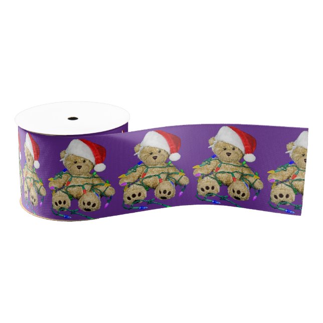 Teddy Bears Tangled In Christmas Lights On Purple Ripsband (Spule)