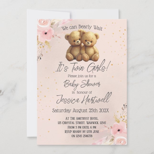 Teddy Bears Twin Girls Baby Shower Invitation Einladung (Vorderseite)