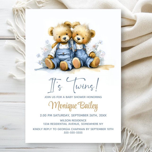 Teddy Bears Twins Baby Shower Einladung (Von Creator hochgeladen)