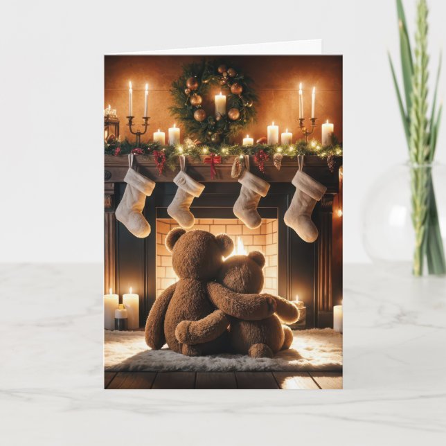 Teddy Bears vor einem Weihnachtsfeuer Karte (Vorderseite)