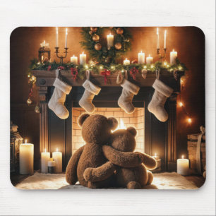 Teddy Bears vor einem Weihnachtsfeuer Mousepad