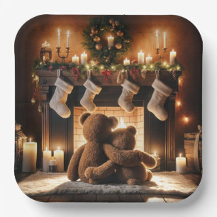 Teddy Bears vor einem Weihnachtsfeuer Pappteller