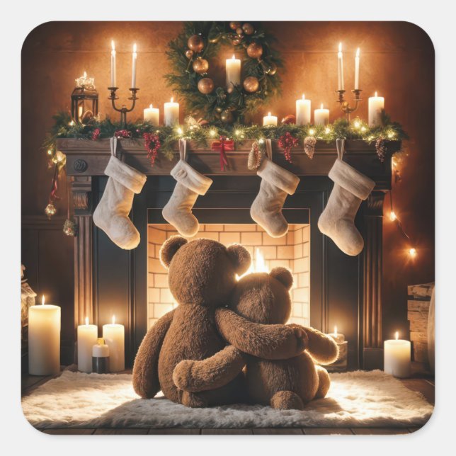 Teddy Bears vor einem Weihnachtsfeuer Quadratischer Aufkleber (Vorderseite)