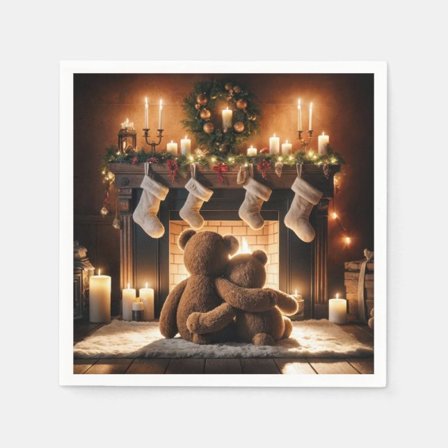 Teddy Bears vor einem Weihnachtsfeuer Serviette (Vorderseite)
