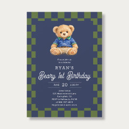 Teddy Beary 1st Birthday Checkboard Blue Green Einladung