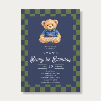 Teddy Beary 1st Birthday Checkboard Blue Green Einladung