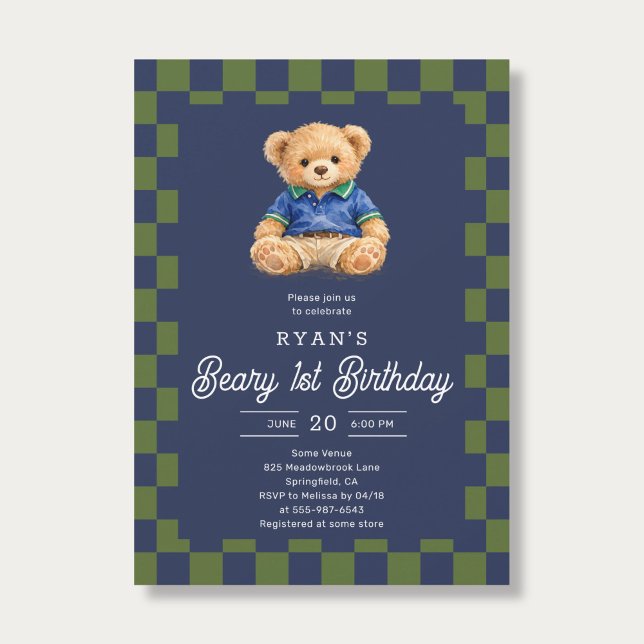 Teddy Beary 1st Birthday Checkboard Blue Green Einladung (Von Creator hochgeladen)