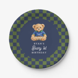 Teddy Beary 1st Birthday Checkboard Retro Pappteller